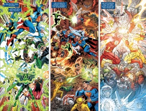 Justice League #40, two-page spread, Dan Jurgens, Jerry Ordway, Scot Kolins